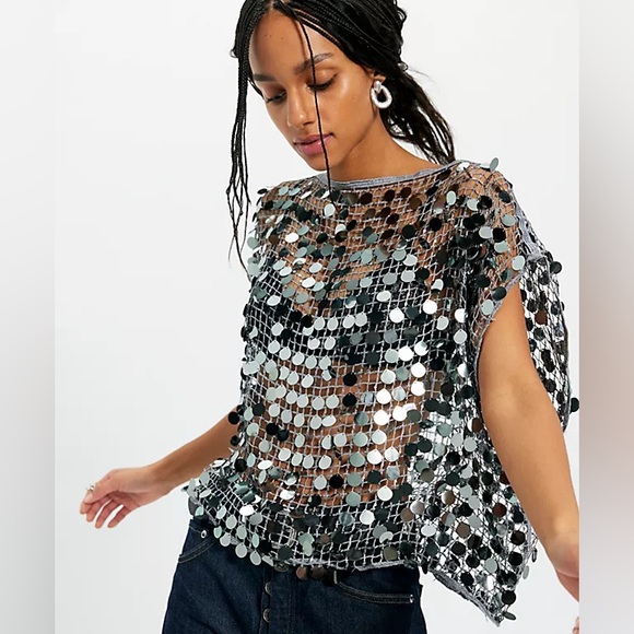 Free People Tops - Free People Vee Tank Silver Sequin